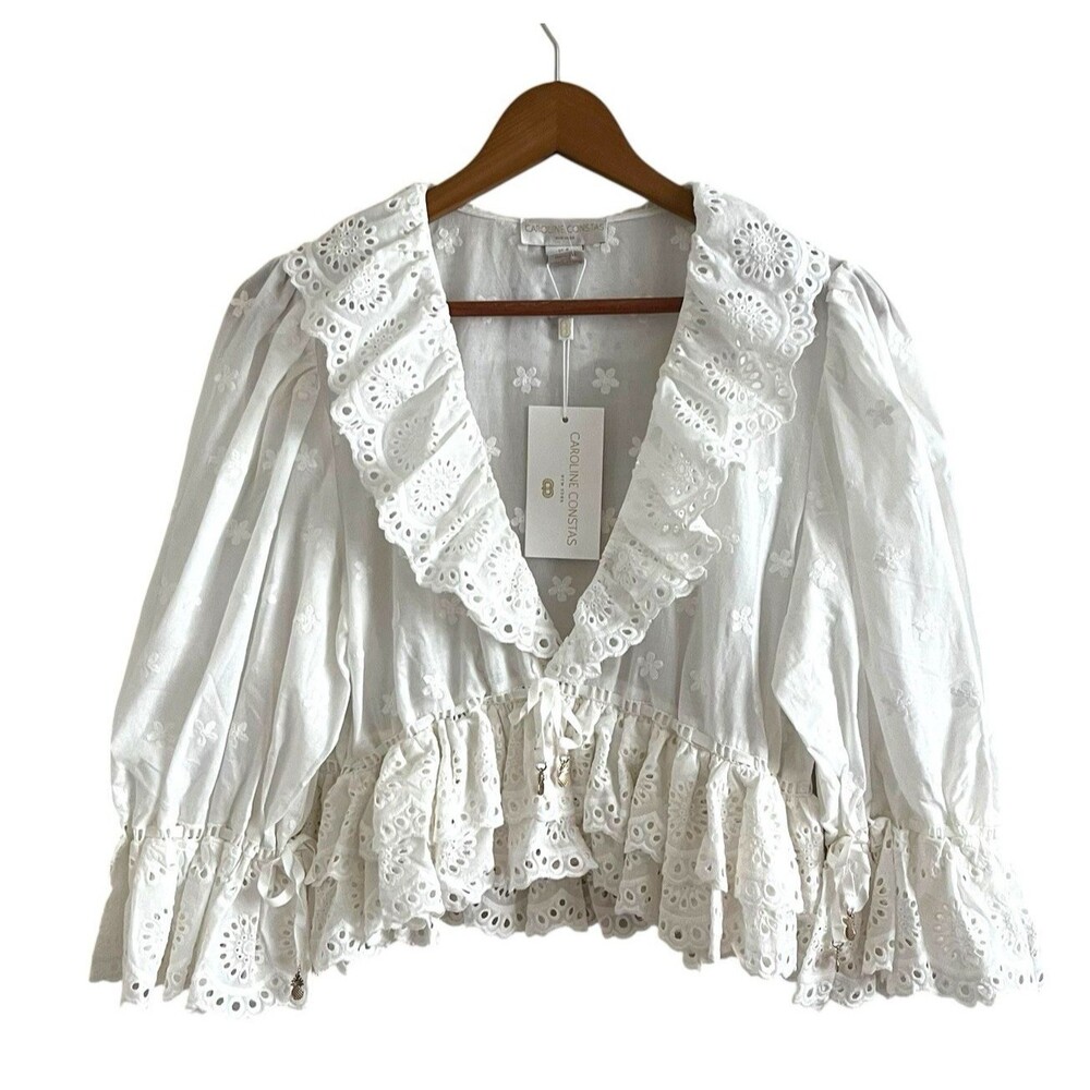 Caroline Constas White Eyelet Peplum Tie Front Blouse Sz S White Cottagecore top